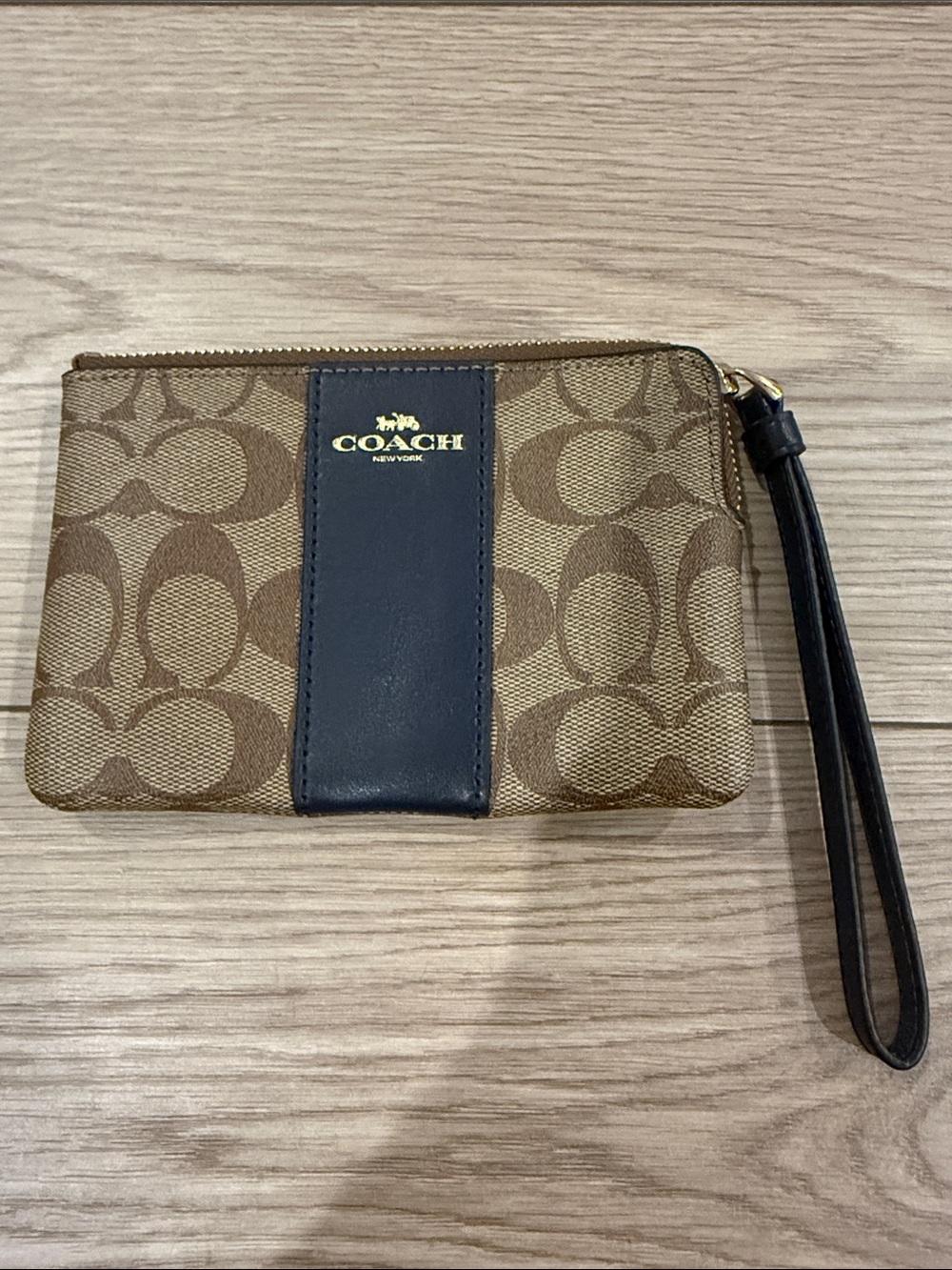Coach Brown Signature Canvas Wristlet with Black Leather Trim